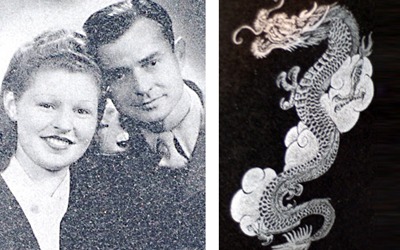 An etched portrait taken from a family photograph, and an etched dragon